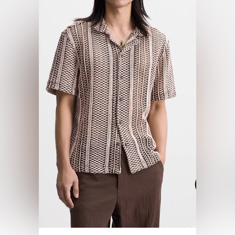 Zara Men’s Crochet Knit Button-Up Shirt Size M